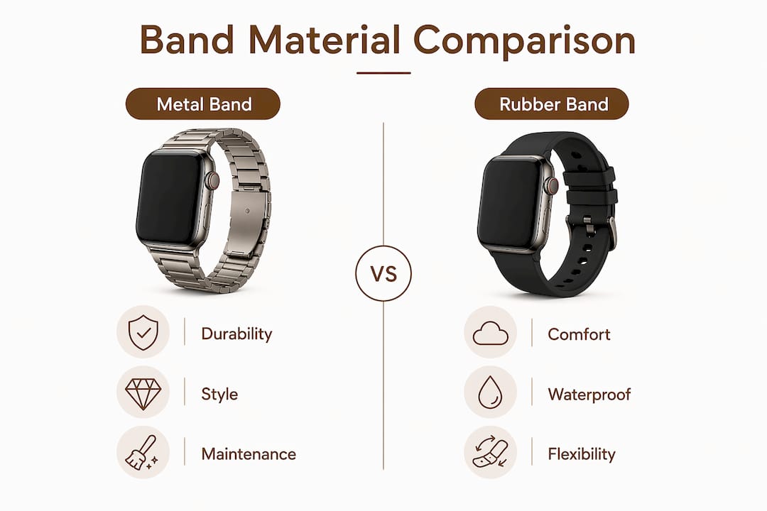 Infographic comparing metal and rubber watch bands features