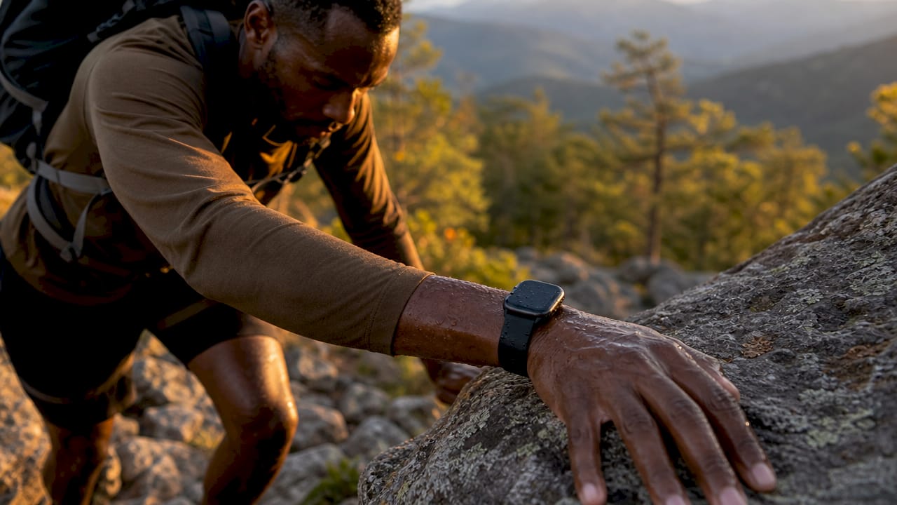Close-up wrist with rugged rubber watch band on trail