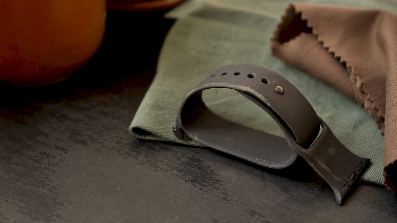 Close-up worn fluoroelastomer Apple Watch band