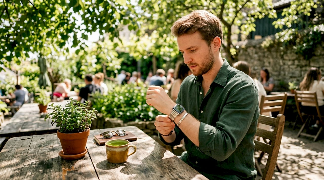 Hand adjusting polished metal Apple Watch band in café