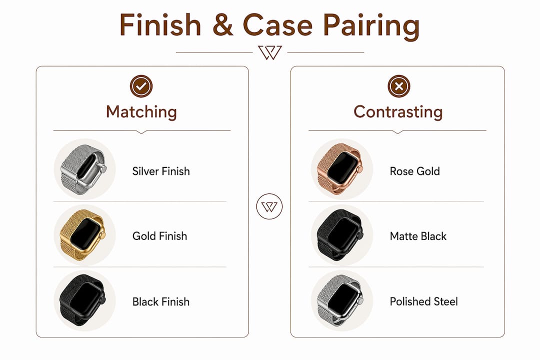 Infographic comparing matching and contrasting Apple Watch band finishes