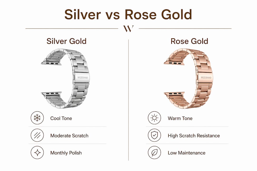 Infographic comparing silver gold and rose gold Apple Watch bands