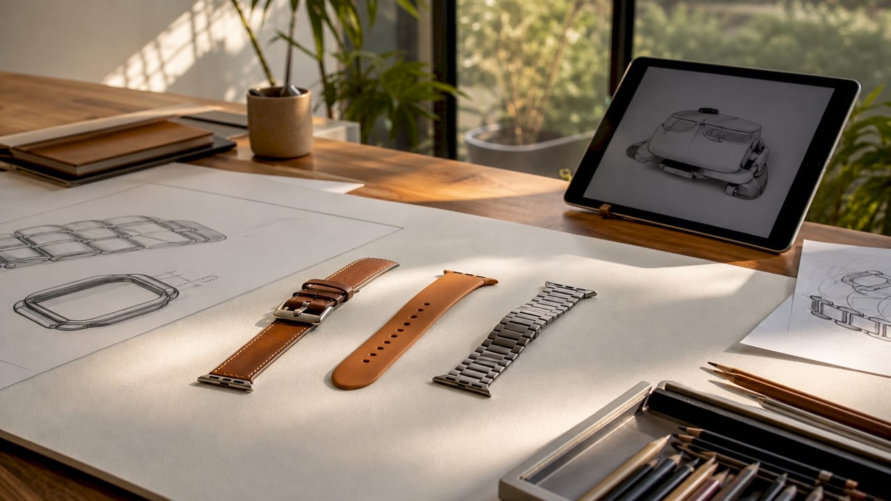 Overhead view of Apple Watch band designs and CAD sketches