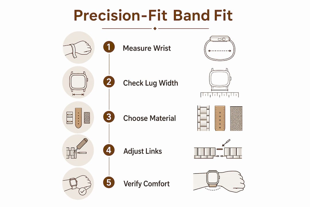 Infographic showing five steps for precision-fit watch band selection