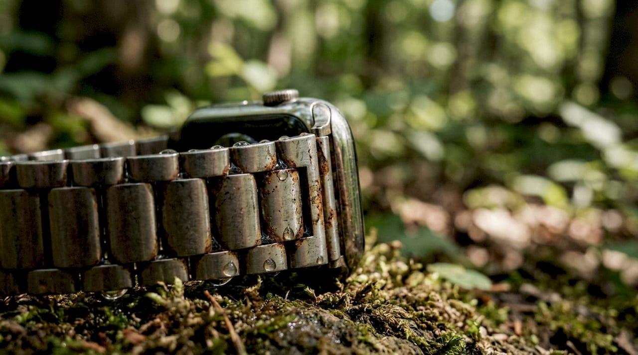 Close-up of water trapped in Apple Watch metal band links