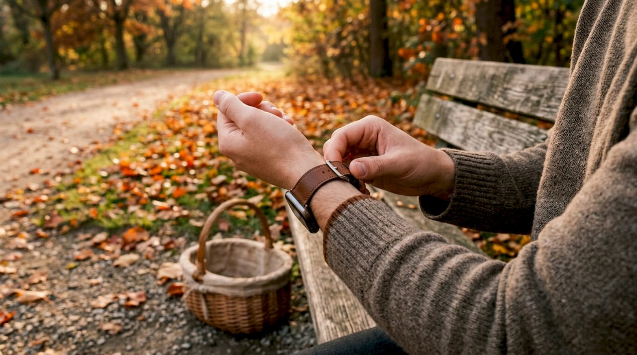 Hands adjusting metal Apple Watch band outdoors