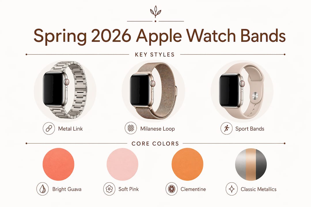 Infographic showing spring 2026 Apple Watch band styles and colors