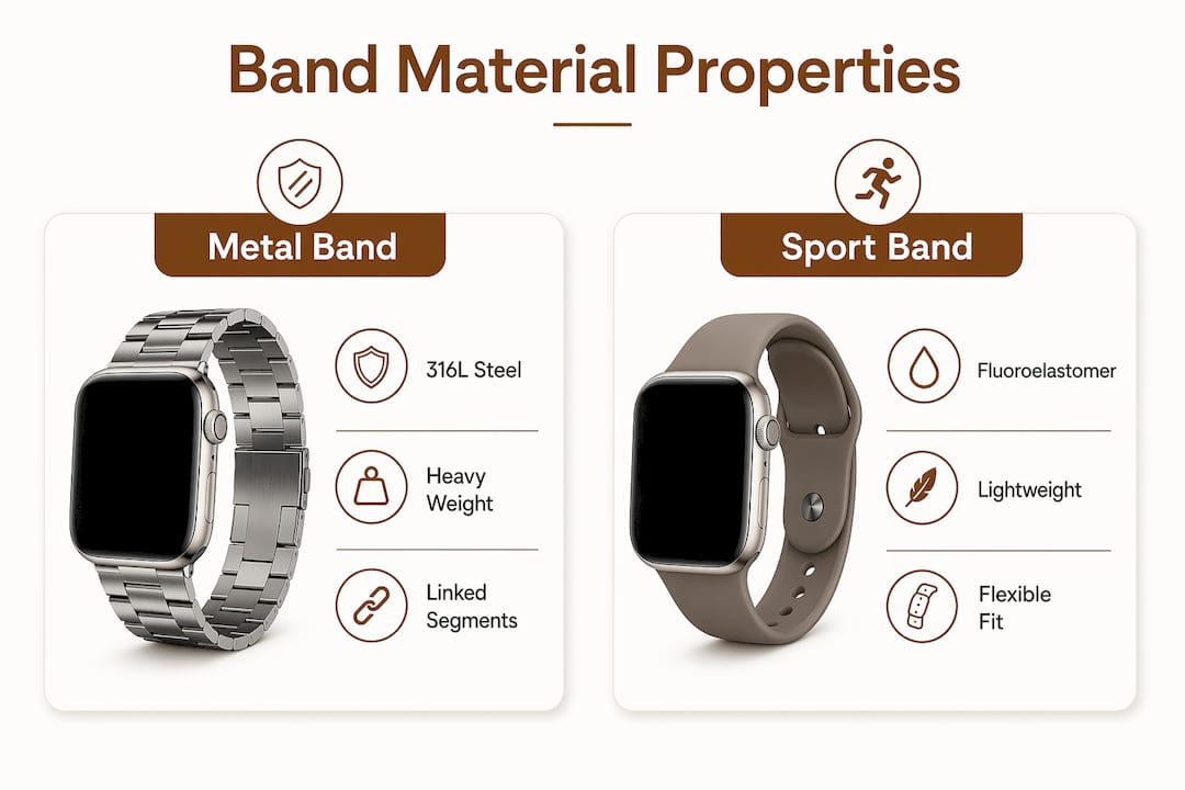 Infographic comparing metal and sport band material properties