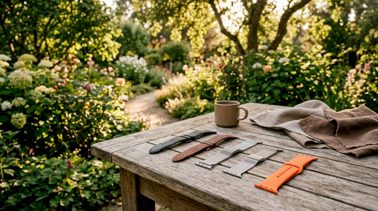 Variety of watch band materials on wooden table