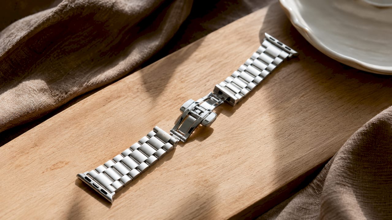 Close-up of stainless steel metal Apple Watch band
