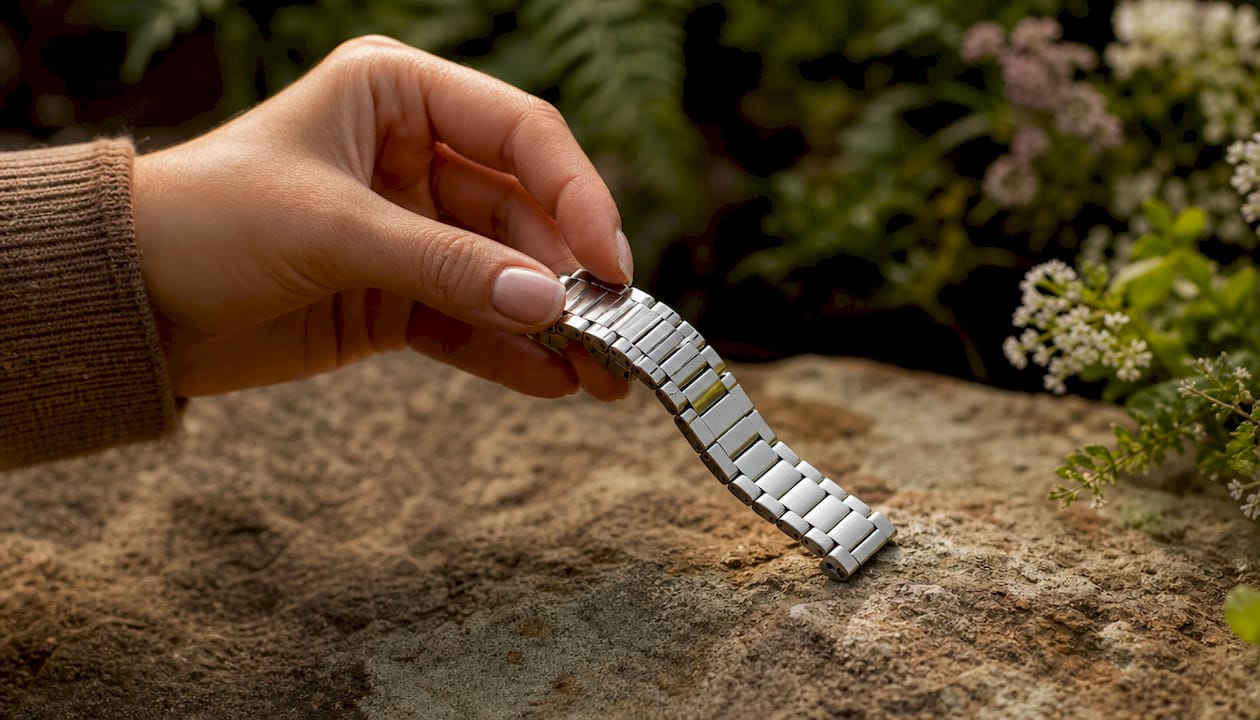 Close-up of hand flexing stainless steel watch band