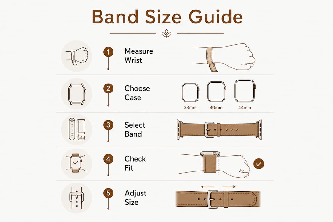 Infographic illustrating Apple Watch band size selection steps