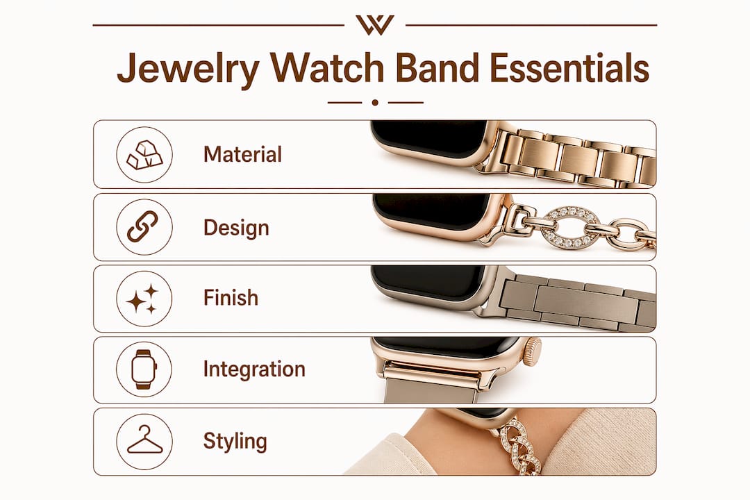 Infographic illustrating key aspects of jewelry-like watch bands