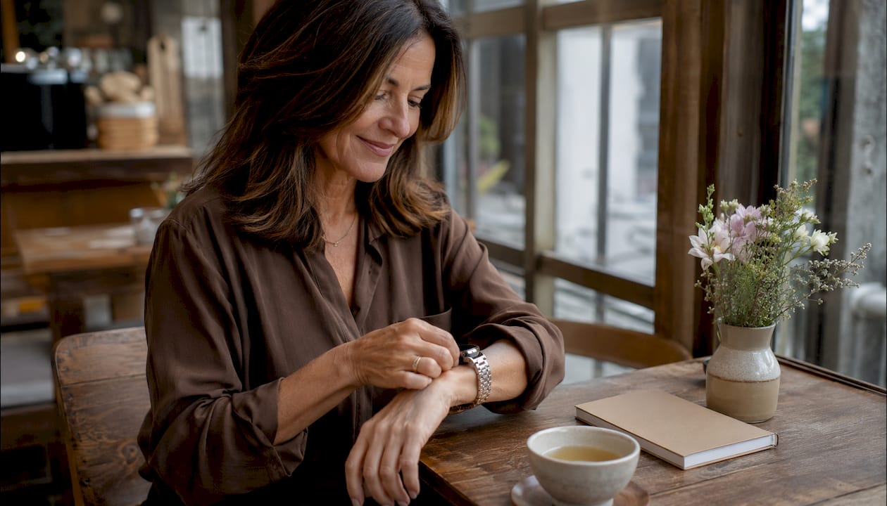 Woman wearing stainless steel Wizeband Apple Watch strap