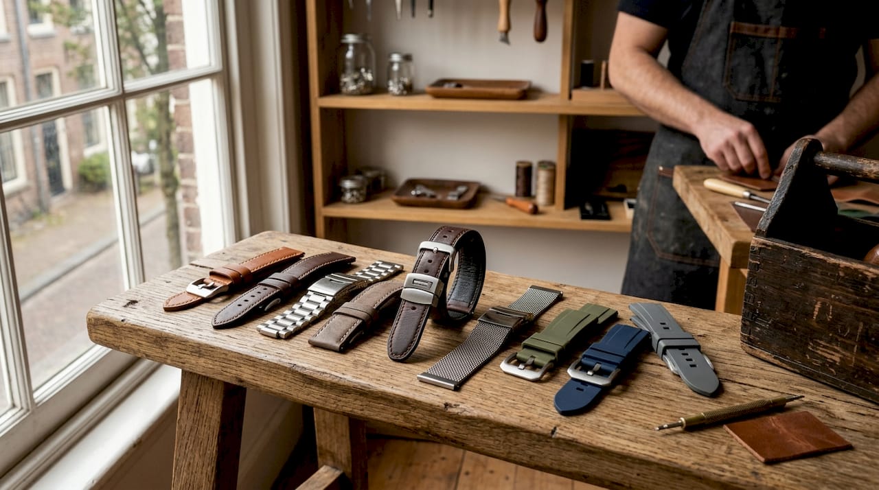 Selection of quick-adjust watch bands on table