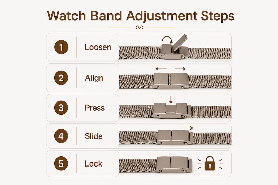 Infographic detailing watch band adjustment steps