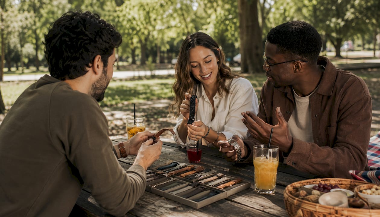 Group discussing watch bands at outdoor café table