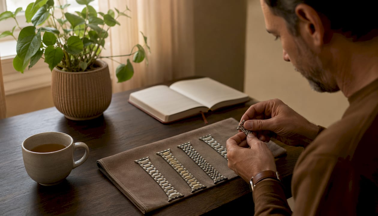 Man inspecting metal link watch bands