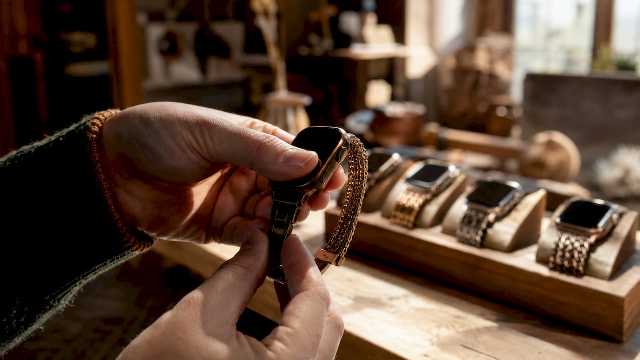 Hands attaching multi-chain band to Apple Watch