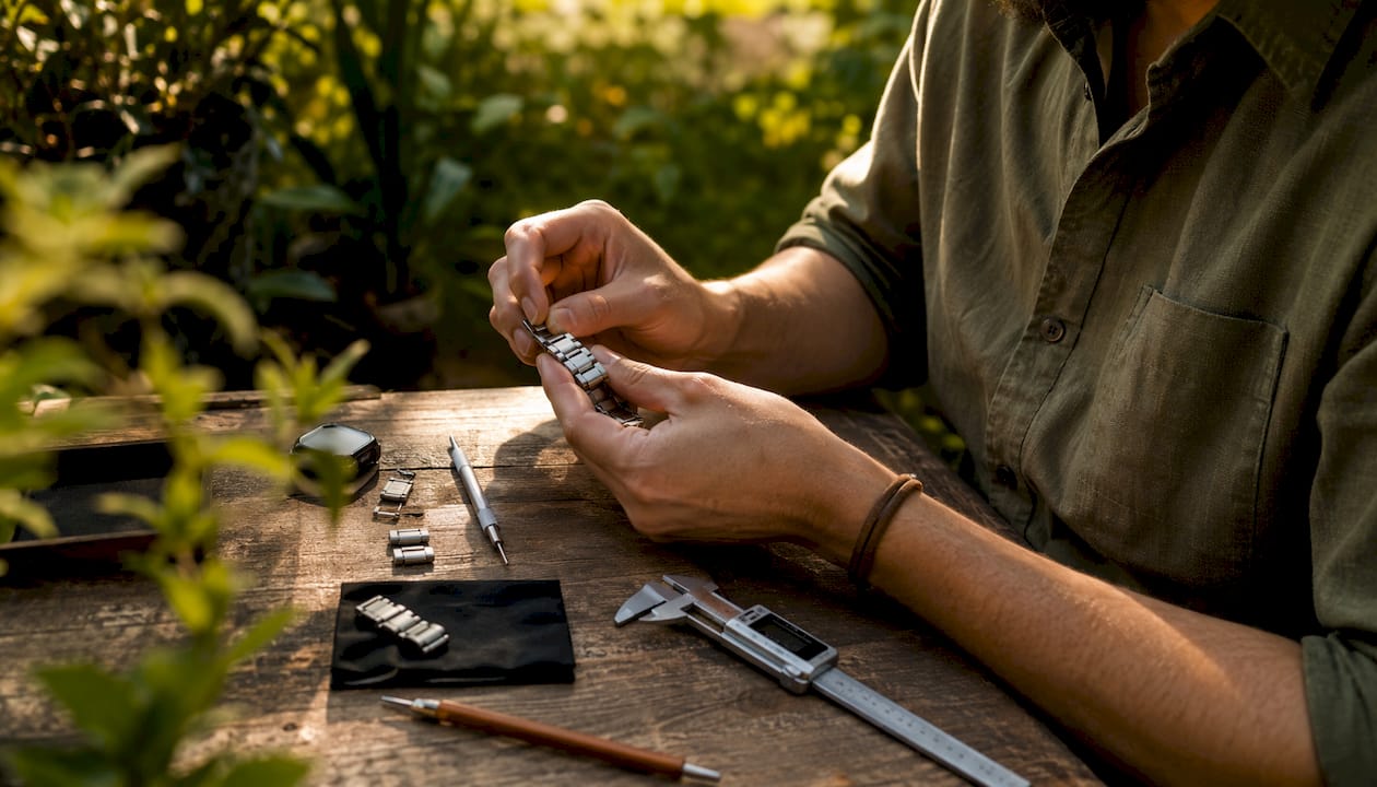 Hands adjusting metal Apple Watch band links