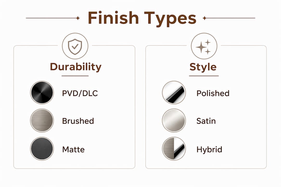 Infographic comparing watch band finish types by durability and style