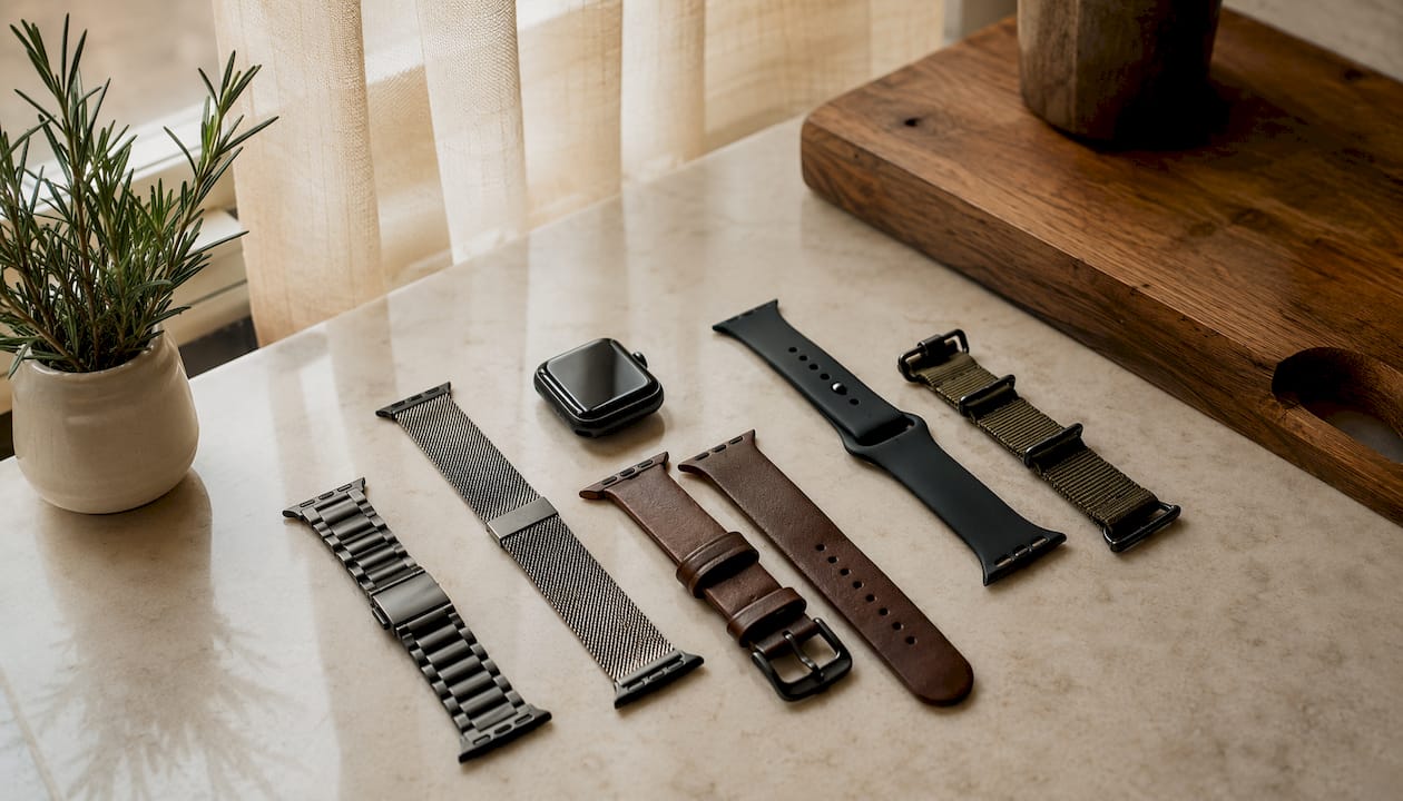 Overhead view of various Apple Watch band styles laid out