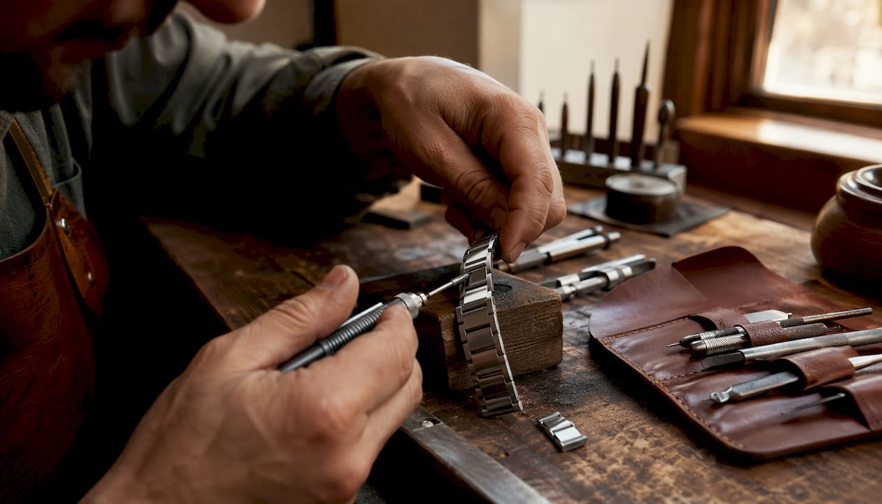 Craftsman polishing Apple Watch band edges close-up