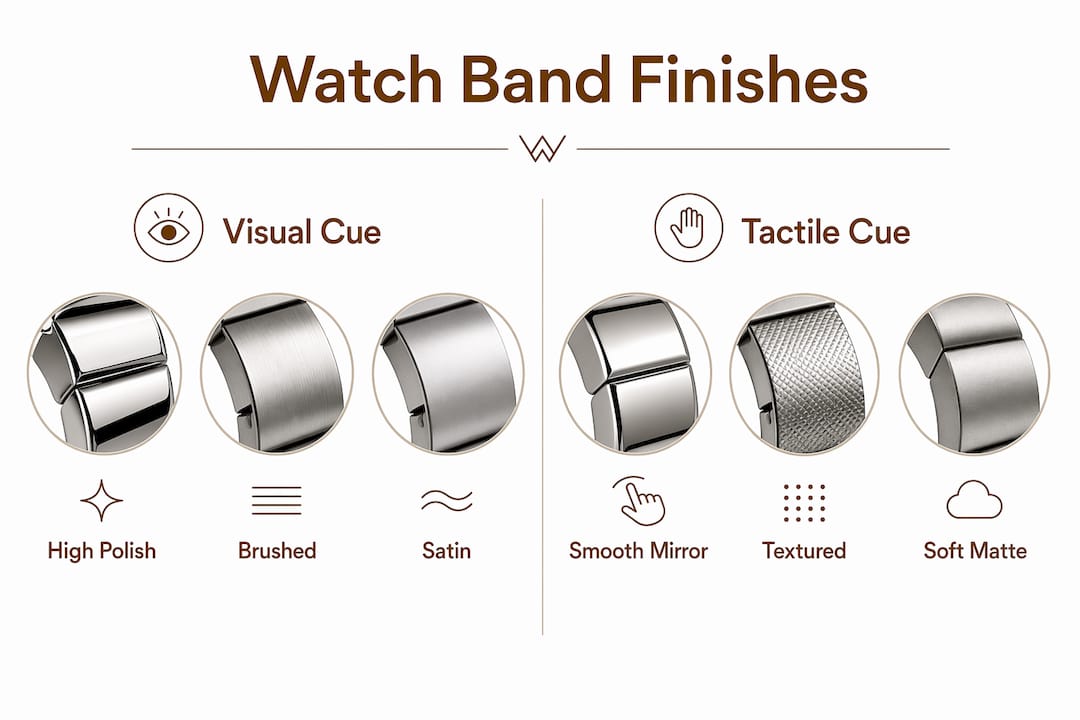 Infographic comparing visual and tactile watch band finishes