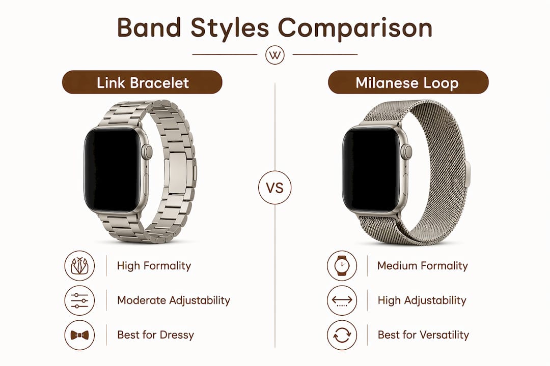 Infographic comparing Apple Watch metal band styles