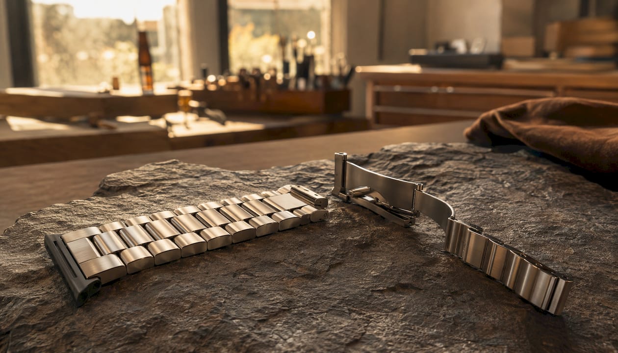Close-up of solid metal Apple Watch band details