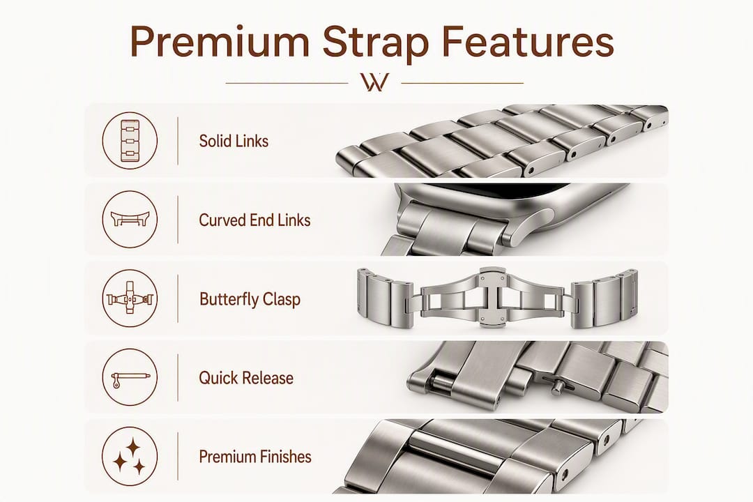 Infographic showing key premium strap construction features