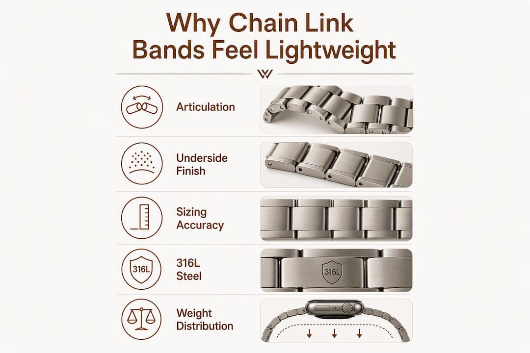 Infographic showing key reasons chain link bands feel lightweight