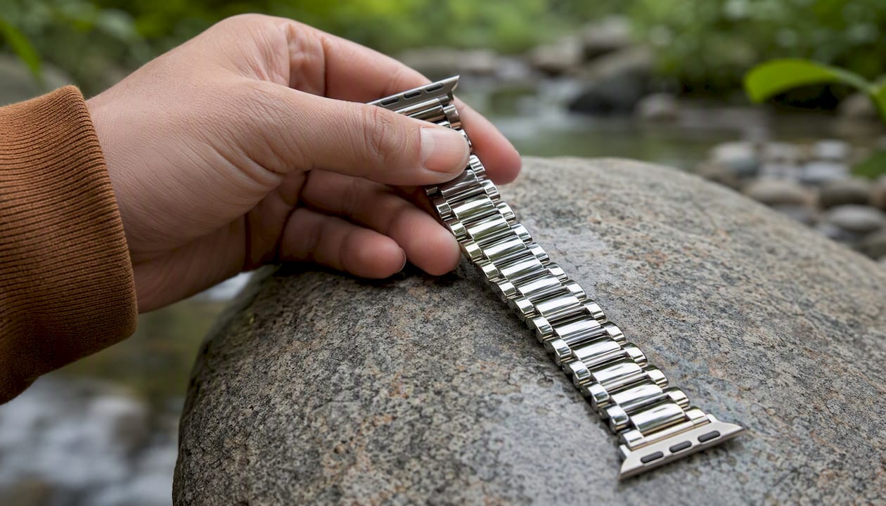 Close-up of flexible Apple Watch chain link band