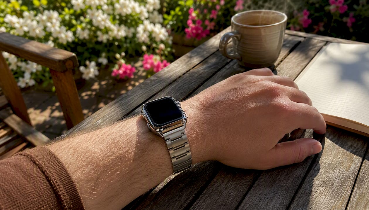 Close-up of wrist wearing 316L stainless steel watch band