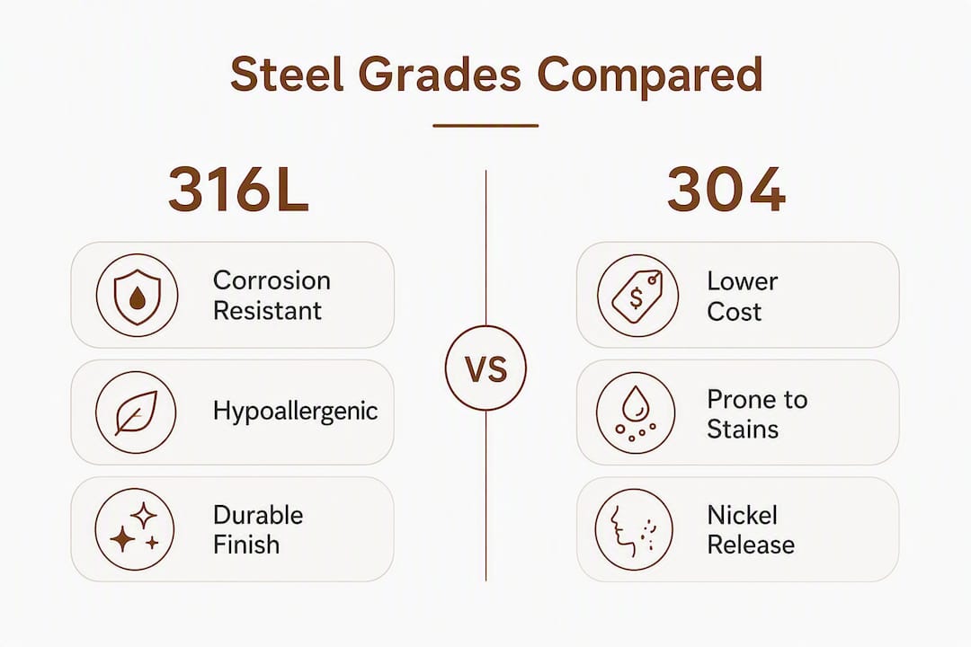 Infographic comparing 316L and 304 steel grades for watch bands