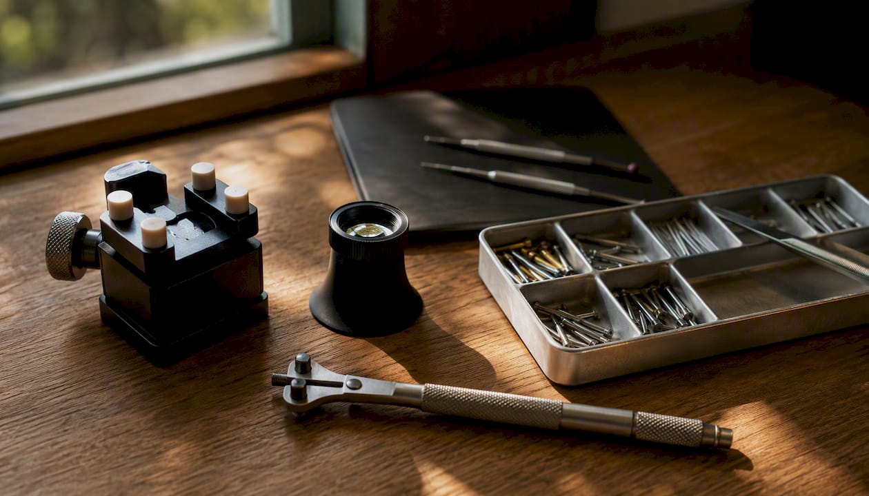 Watchmaker tools laid out on bench