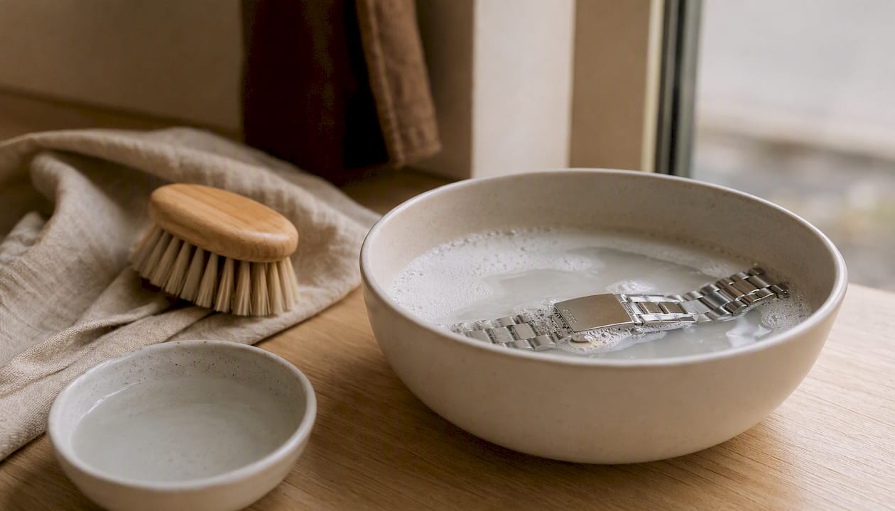Tools and water bowl for deep cleaning metal watch band
