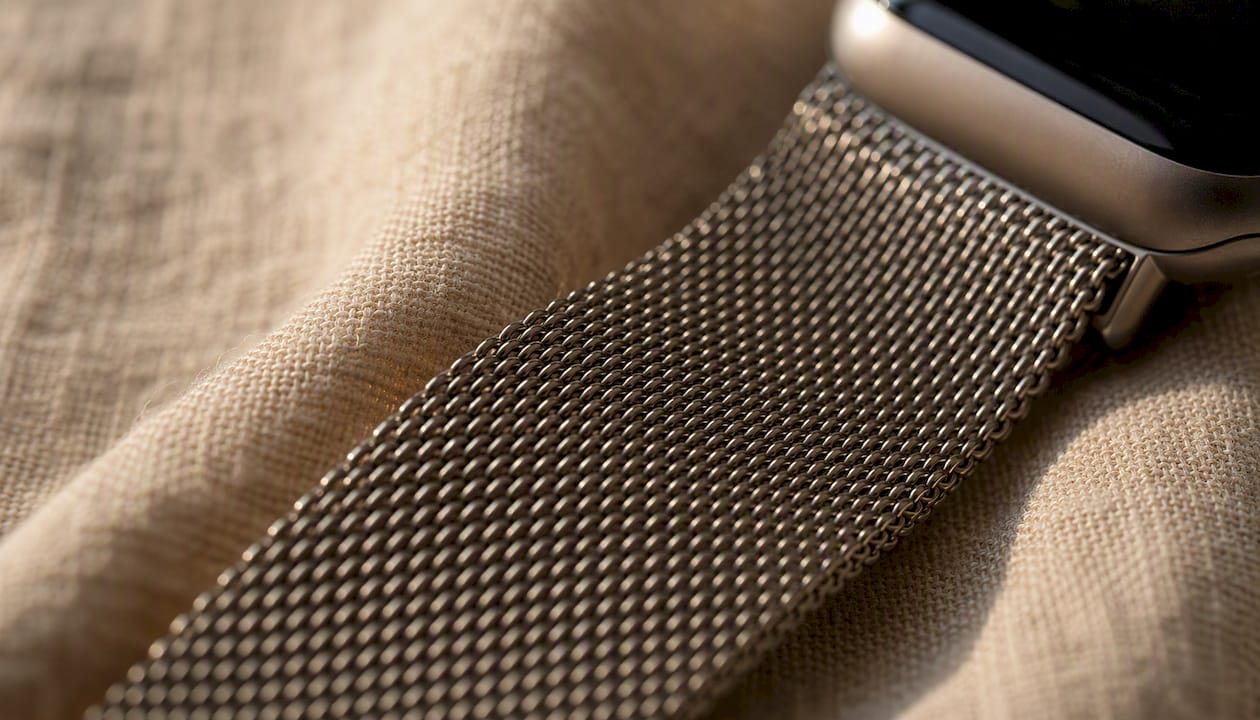 Close-up metal mesh watch band wires