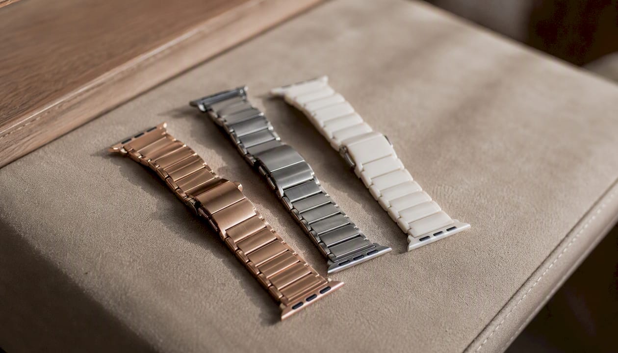 Close-up of watch bands showing jewelry finishes