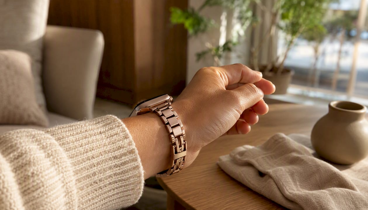 Rose gold metal Apple Watch band on casual wrist