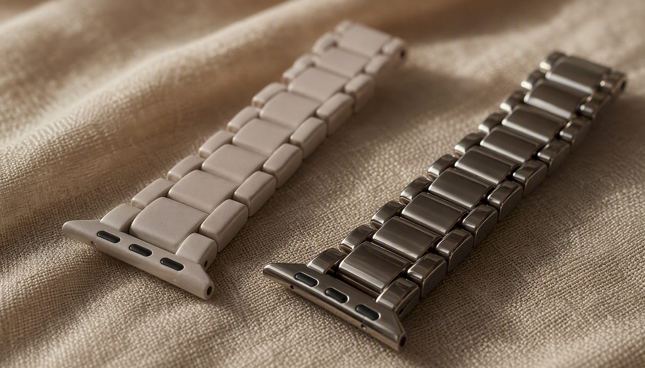 Close-up of ceramic and metal band finishes