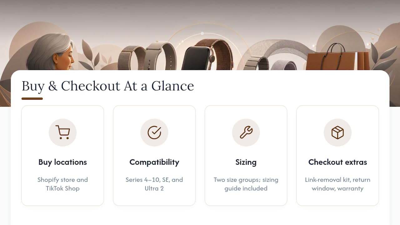Where can you buy a jewelry-style band and what should you expect at checkout? — overview diagram