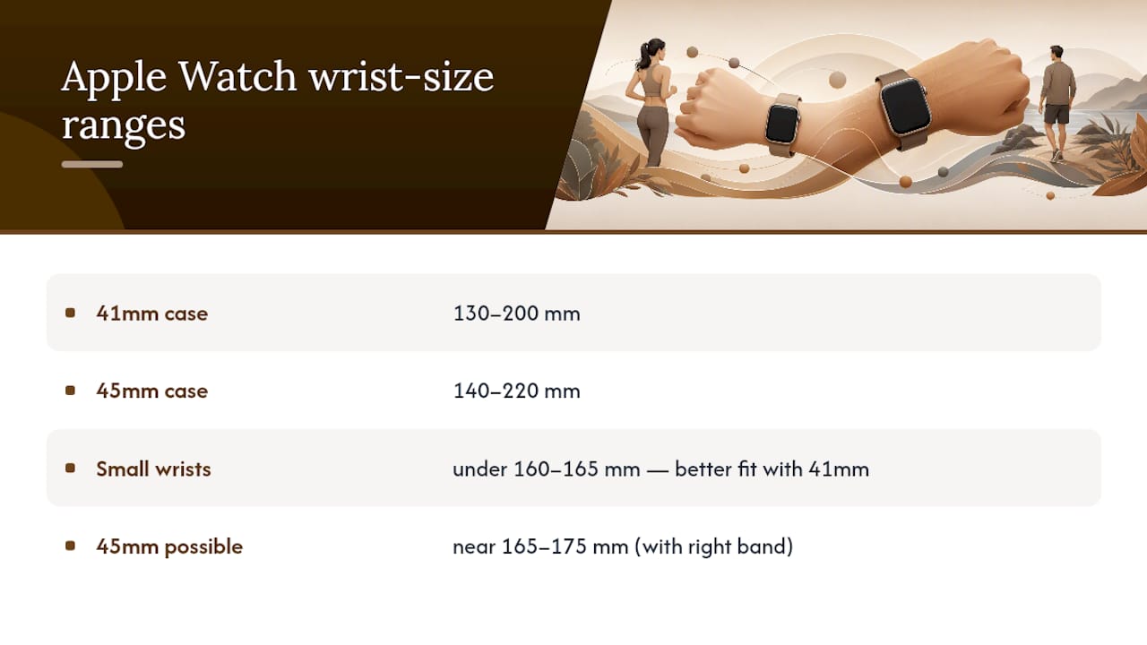Diagram comparing Apple Watch 41mm and 45mm wrist size compatibility