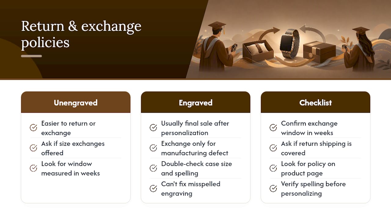 Diagram contrasting return policies for engraved vs unengraved watch bands