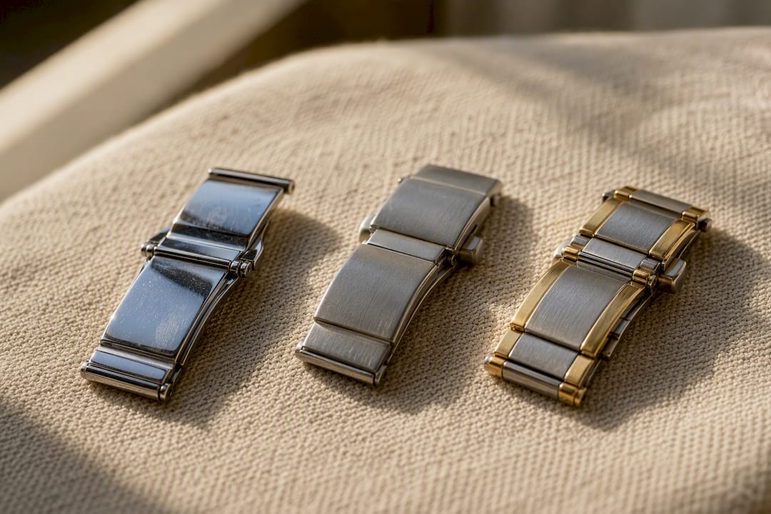 Watch clasps with polished, brushed, and two-tone finishes