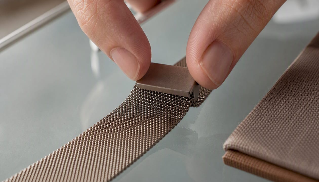 Fingers adjusting a magnetic mesh clamp