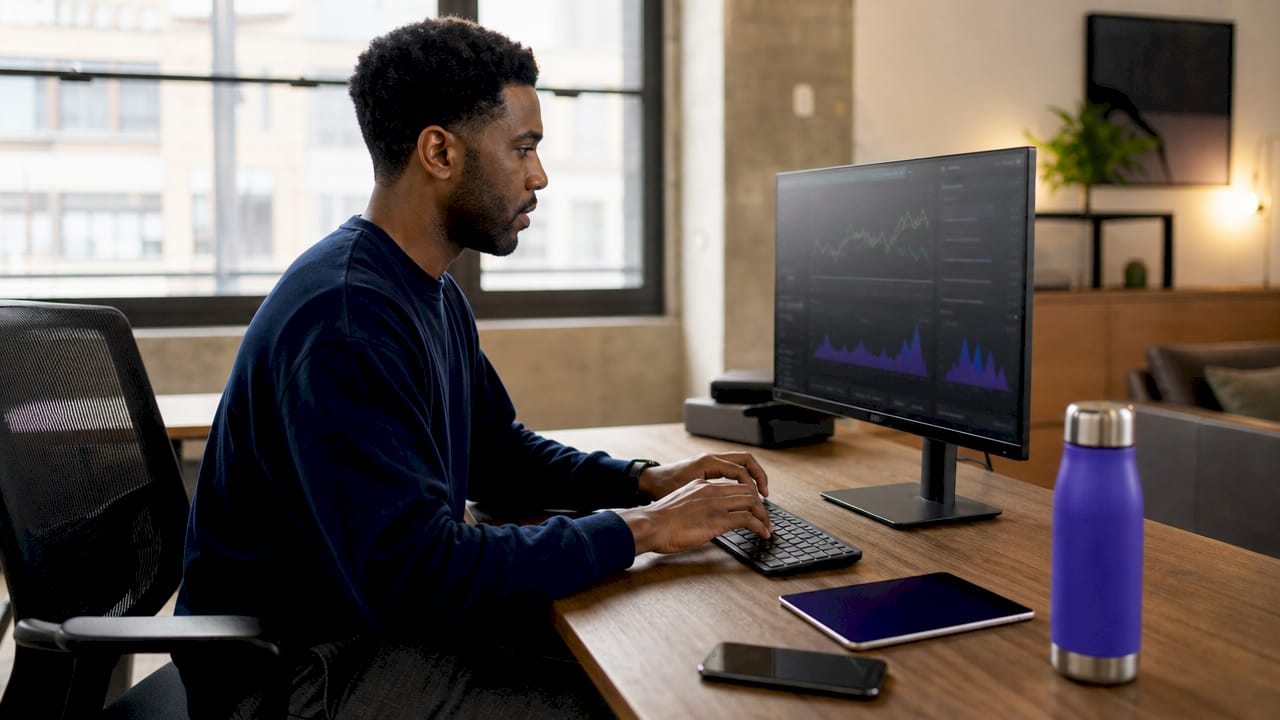 Hands typing at computer with data analytics tools