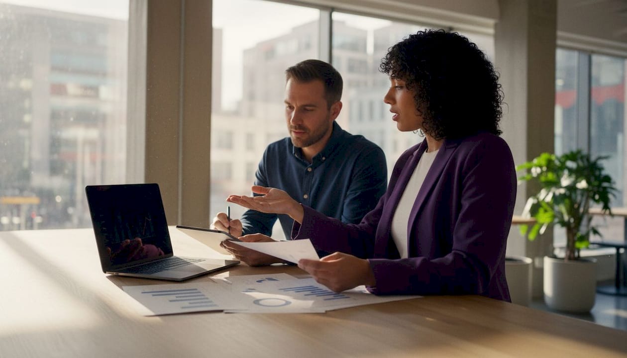 Sales team collaborating over metrics in meeting