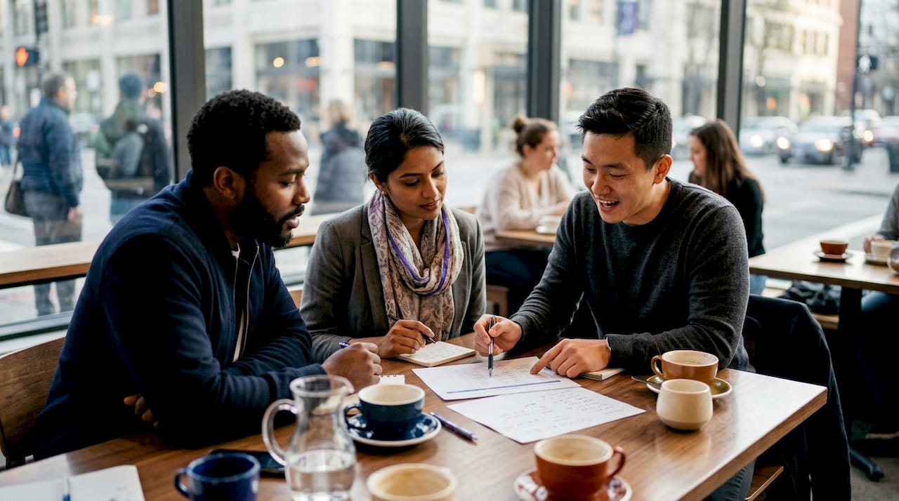 Sales team discussing customer contact logs together