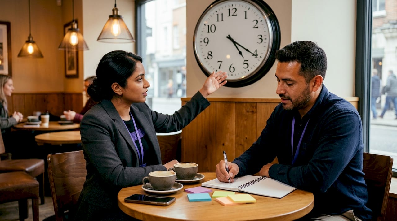 Sales team discussing best callback times in office